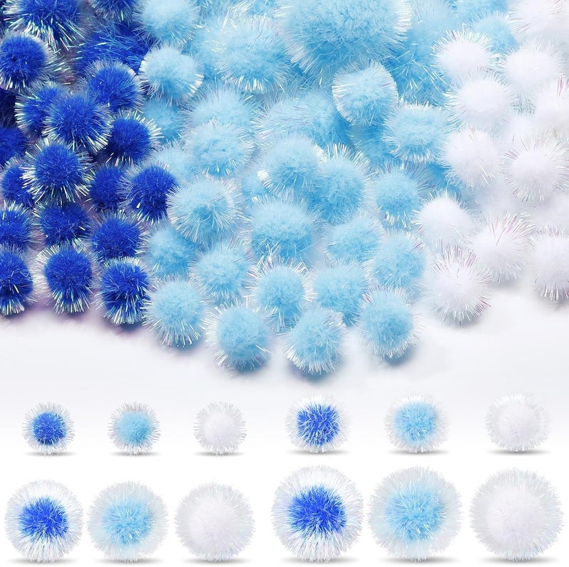 Knitgrip 150 Pcs Large Glitter Tinsel Pom Poms 2.5" 2" 1.4" 1" Christmas Pompom Balls Jumbo Glitter Balls for DIY Craft Making Christmas Decorations(Light Blue, Navy Blue, White) - Image 1